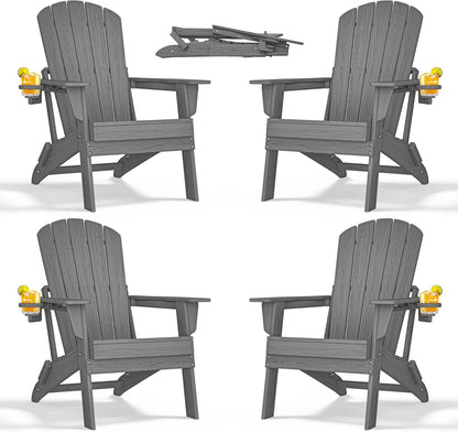 Folding Adirondack Chair - Extended Ergonomic Backrest, Cup Holder - Easy Assembly - Durable HDPE Plastic, Weather Resistant & Maintenance-Free - Lawn, Patio, Deck Supports 380lbs Grey