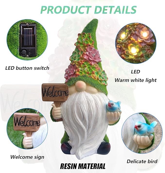 Solar Gnomes Garden Statues,Resin Gnome Figurine Holding Welcome Card and Bird with Solar Lights, Outdoor Gnomes Decorations for Yard Patio Lawn Porch, Garden Gifts