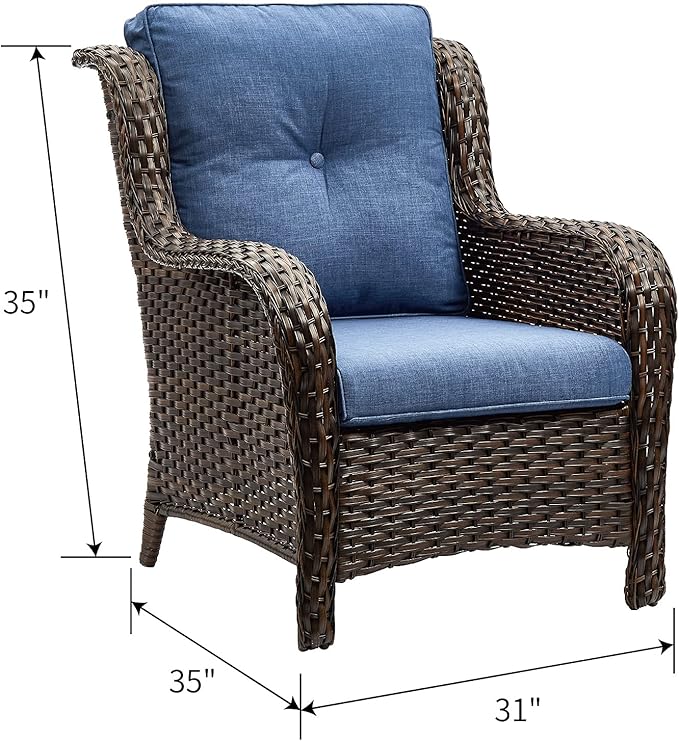 Rilyson Outdoor Wicker Patio Chairs Set of 2: High Back, Deep Seating, Wide Armrest, Thick Comfort Cushions, Ideal for Porch Deck Backyard Garden(Brown/Blue)