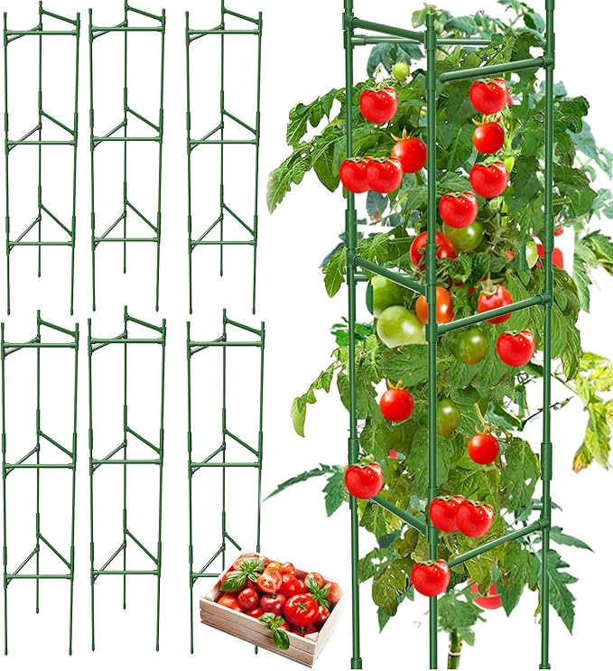 6 Pack Tomato Cage,Tomato Cage for Raised Garden Bed, 48'' Tall Tomato TrellisTriangle or Square Cages for Garden,Pots, Plant Cages & Supports（Green, Extra Bold ）