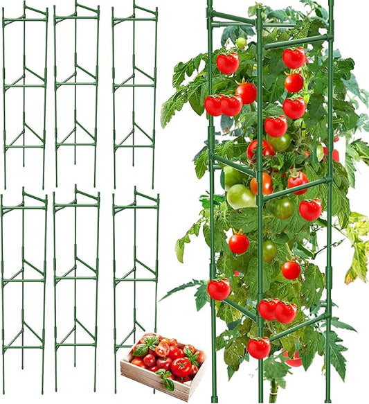 6 Pack Tomato Cage,Tomato Cage for Raised Garden Bed, 48'' Tall Tomato TrellisTriangle or Square Cages for Garden,Pots, Plant Cages & Supports（Green, Extra Bold ）