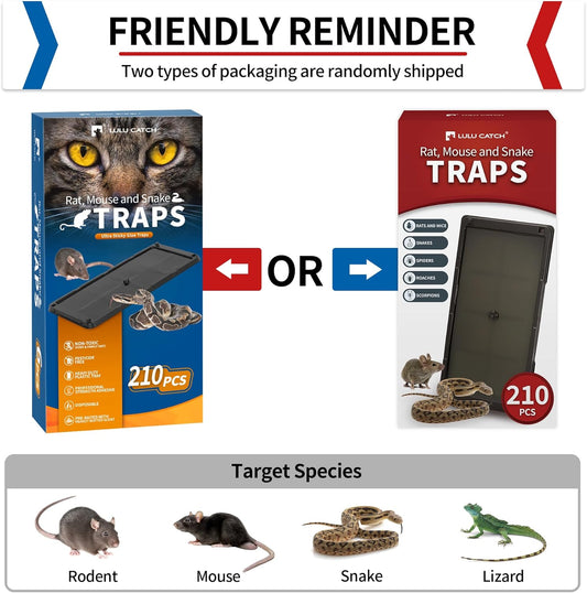 LULUCATCH Sticky Mouse Trap, 210 Pack Large Glue Traps, Pre-Baited Heavy Duty Non-Toxic Bulk Glue Boards Mouse Traps Indoor for Mice, Snakes, Rat, Insects, Cockroaches & Spiders, Pet Safe Easy to Use