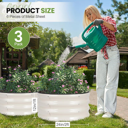 G GOOD GAIN Round Raised Garden Bed - 3Pcs 2x2x1ft Galvanized Steel Planter Boxes Outdoor with Rubber Edge Trim | Metal Raised Beds for Gardening Vegetables Flowers Fruits Herbs (White)