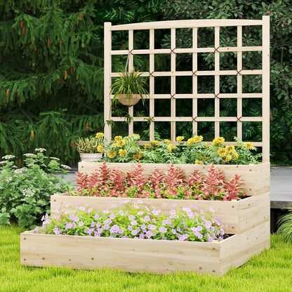 HAPPYGRILL 3-Tier Raised Garden Bed, Wooden Planter with Trellis & Open-Ended Base for Patio Yard Lawn, Outdoor Planter Boxes for Climbing Plants Vines Flower Herb Vegetable Fruit, 44” x 45” x 56”