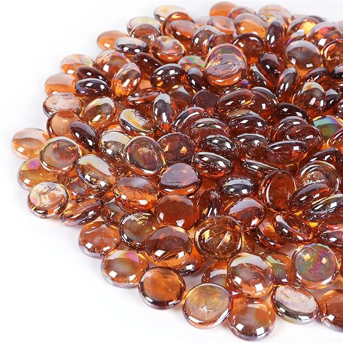5LB Fire Glass Beads Flat Glass Marbles for Outdoor Fire Pit and Fireplace, Glass Gemstones for Vase Filler, Aquariums, Hydroponics Plants, Home Decor and Christmas DIY Craft, Amber