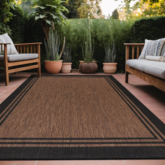 Bordered Outdoor Rug 10x14 Washable Outside Carpet for Indoor Patio Porch Waterproof Easy Cleaning Non Shedding Area Rugs Nut Brown 10 x 14
