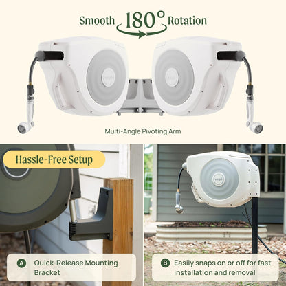 Vego Garden Hose Reel Retractable Hi-Flow x 100ft Wall Mounted Hose Reel Automatic Rewind, Any Length Lock with 9 Patterns Sprayer Nozzle, Quick Connector and Adjustable shot Nozzle-Seaweed Green