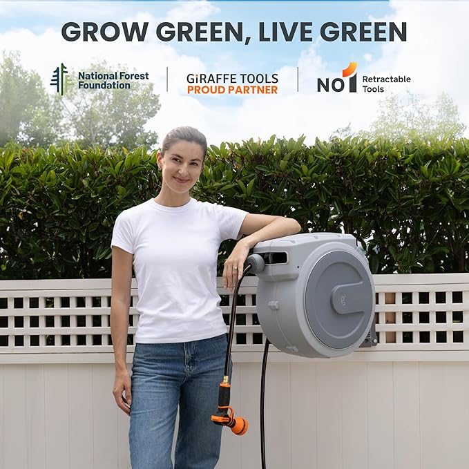 Giraffe Tools Heavy Duty Retractable Garden Hose Reel 1/2 130 FT, Wall Mounted with 9 Pattern Nozzle & Detachable Leader Hose, 180° Swivel Bracket, Any Length Lock, Commercial Grade (Light Grey)