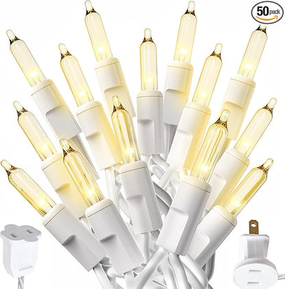 PREXTEX 10 Ft String Lights with Christmas Tree Light Warm White - Indoor/Outdoor Decor - Xmas Lights for Holidays, 50 Twinkle LED Lighting on White Wire - Multi-Strand Connectable