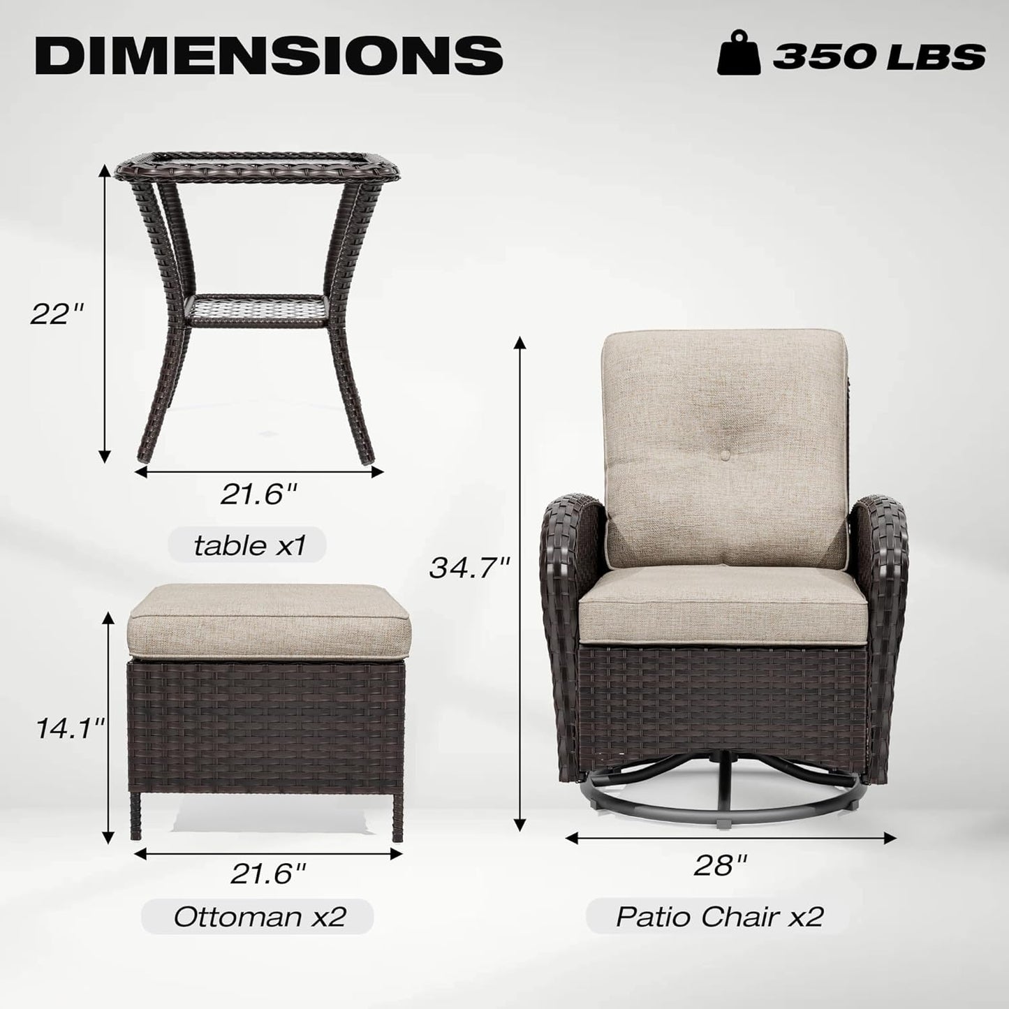 Joyside 5 Piece Patio Furniture Set, Outdoor Swivel Chair Sets with Thick Cushion and Ottoman, Wicker Patio Conversation Set for Porch, Deck Use (Brown/Beige, 5 PCS)