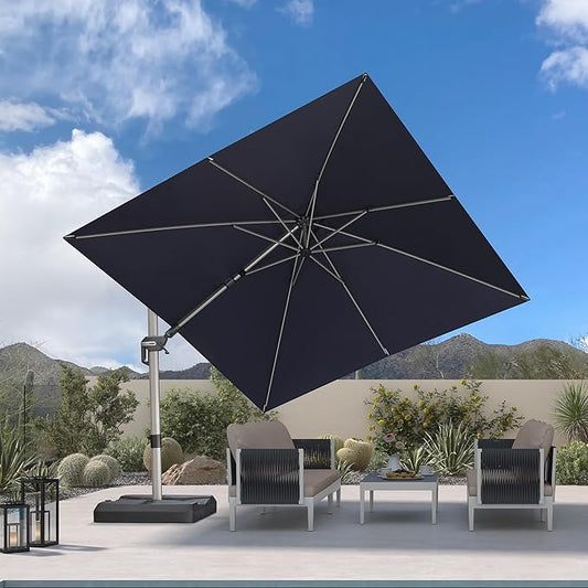 PURPLE LEAF 10' X 10' Left-right Tilting Patio Umbrella Outdoor Swivel Cantilever Umbrella Aluminum Offset Umbrella with Champagne Frame and 360-degree Rotation for Garden Deck Pool, Navy Blue