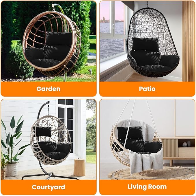 Egg Chair Cushion, Hanging Basket Hammock Seat Cushion, Thick Soft Egg Swing Chair Pad with Headrest for Patio Porch Furniture Outdoor (Black, 39.37x45.28x4.72in)