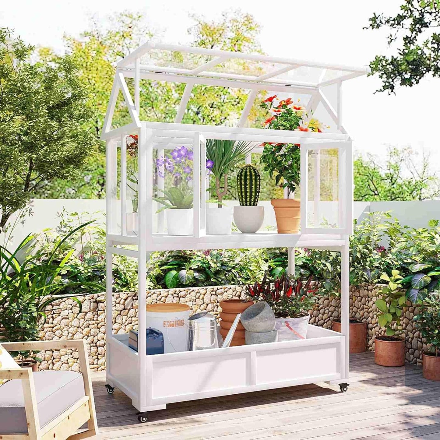 Wooden Cold Frame Greenhouse with Wheels, Portable Fir Garden Plant House with Storage Box, Openable Roof for Seedlings, Herbs, Winter Crops, Perfect for Patio, Balcony, Garden