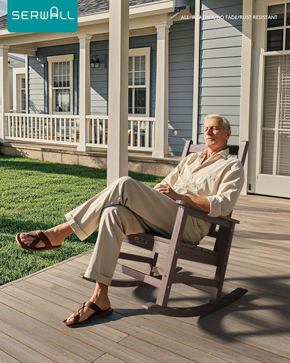 SERWALL Oversized Outdoor Rocking Chair Set of 4, HDPE Rocker for Adults, Patio Rocking Chairs for Porch, Brown