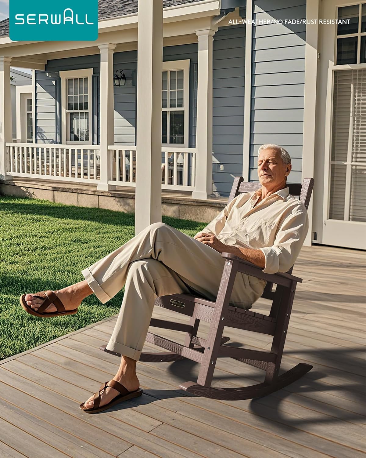 SEWALL HDPE Rocking Chair, Oversized Outdoor Rocking Chair for Adults, Patio Rocker for Porch, Brown