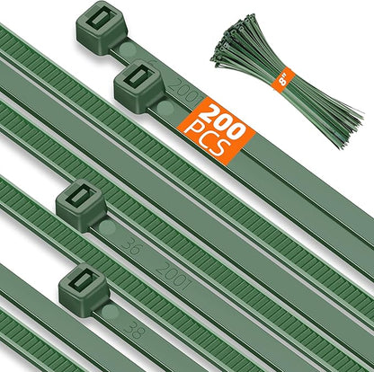 8 Inch PA66 Green Zip Ties 200 Pcs, 45 Lbs Tensile Strength Plastic Wire Ties with 3.6mm Wide, Premium Self-locking Nylon Cable Ties Decoration Tie Wraps for Outdoor Indoor Gardening Grid Wall