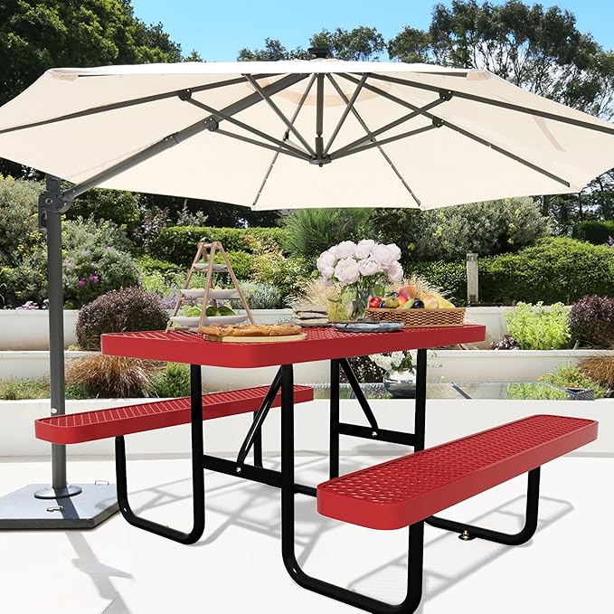 48'' Rectangular Metal Picnic Table for Outdoors,Heavy-Duty Portable Commercial Picnic Tables Bench Set with Umbrella Hole,School Canteen Table W/Seats - Patio Dining Furniture for Patio Garden