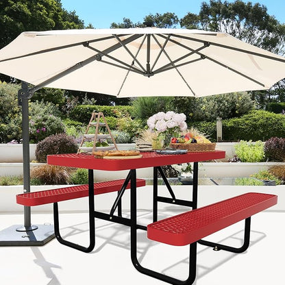 48'' Rectangular Metal Picnic Table for Outdoors,Heavy-Duty Portable Commercial Picnic Tables Bench Set with Umbrella Hole,School Canteen Table W/Seats - Patio Dining Furniture for Patio Garden