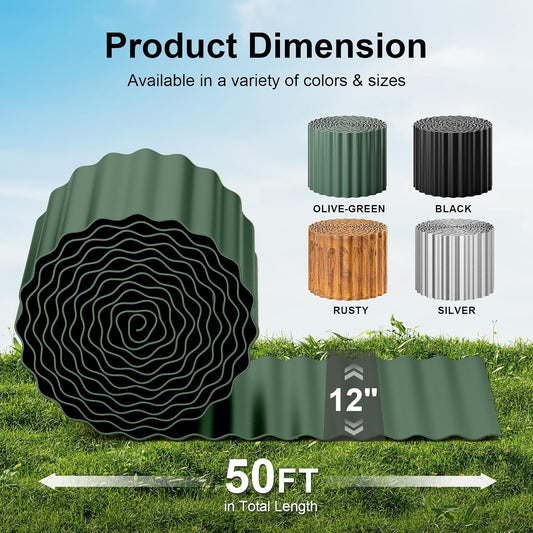 Land Guard Corrugated Metal Garden Edging, 12"×50Ft Steel Landscape Edging, Corrugated Metal Yard Edging Borders, Steel Edging for Landscaping, Garden Fence, Lawn, Flower Bed (Olive-Green)