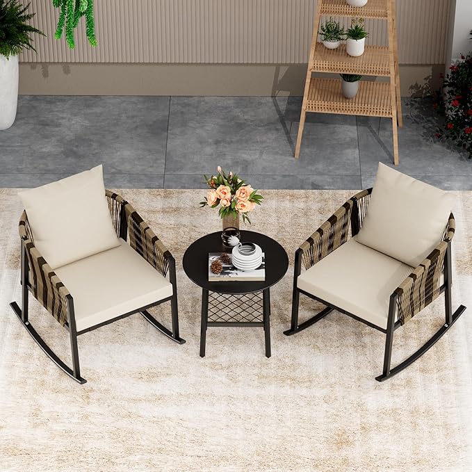 DECMICO 3-Piece Outdoor Wicker Patio Conversation Set, Rocking Bistro Chairs with Round Coffee Table for Small Space Balcony Backyard Garden, Beige