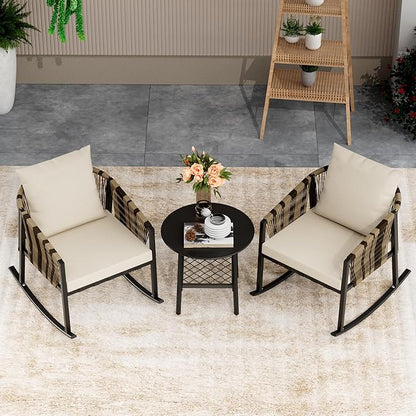 DECMICO 3-Piece Outdoor Wicker Patio Conversation Set, Rocking Bistro Chairs with Round Coffee Table for Small Space Balcony Backyard Garden, Beige
