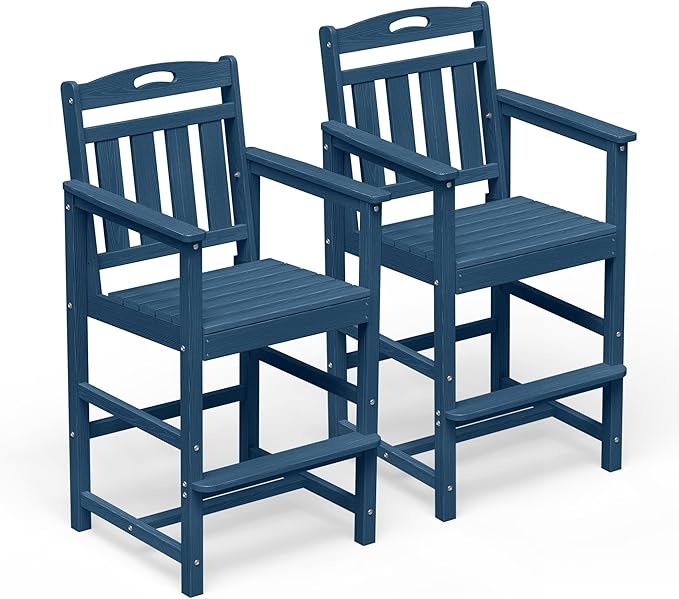HDPE Outdoor Patio Tall Adirondack Bar Chairs Set of 2, All-Weather Bar Height Balcony Adirondack Stools for Bistro, Garden, Backyard, Pool, Deck | Navy Blue