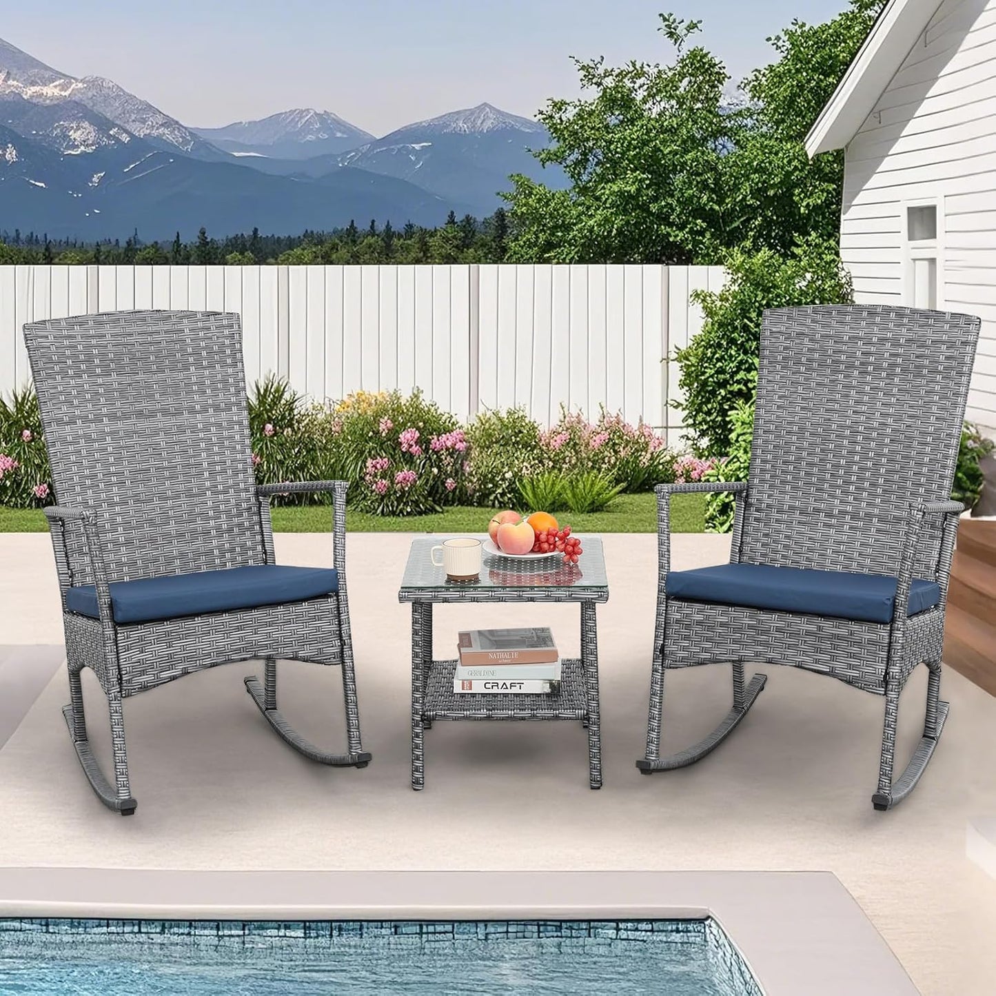 Rocking Chair Outdoor 3 Pieces High-Backed Patio Rocking Chairs Bistro Table and Chairs Set of 2, Navy Blue