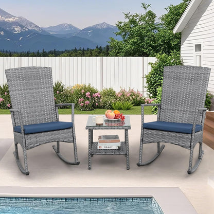 Rocking Chair Outdoor 3 Pieces High-Backed Patio Rocking Chairs Bistro Table and Chairs Set of 2, Navy Blue