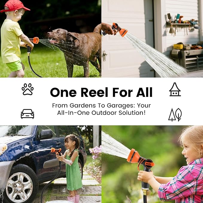 Giraffe Tools AW40 Retractable Hose Reel 5/8" x 90 ft Wall Mounted Garden Hose Reel Heavy Duty, Automatic Rewind, 180 Deg Swivel, Any Length Lock, 9 Pattern Nozzle, 90 ft, Dark Grey