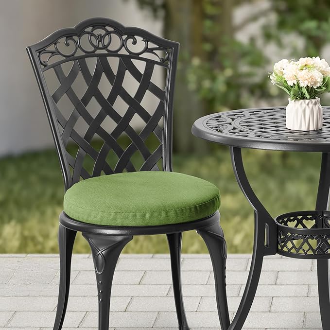 NUU GARDEN 3-Piece Outdoor Patio Bistro Set, Cast Aluminum Table and 2 Chairs with Green Cushions and Umbrella Hole, Weather-Resistant Bistro Set for Balcony, Porch, Garden, Black