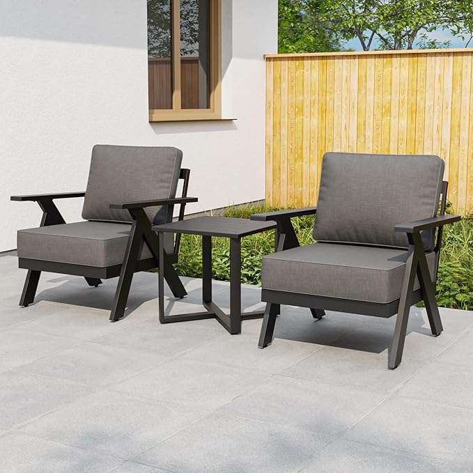 EAGLE PEAK Urban Slate 3 Piece Outdoor Bistro Set Modern Patio Chairs and Table, Outdoor Furniture Set for Balcony Porch Deck or Backyard, Black/Gray