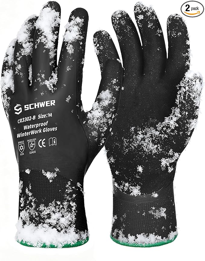Schwer 2 Pairs Waterproof Winter Work Gloves, ANSI A2 Cut Resistant Freezer Gloves for Outdoor Cold Weather Keep Hands Warm, Thermal Insulated Gloves for Shoveling Snow, Ice Fishing, Super Grip, M