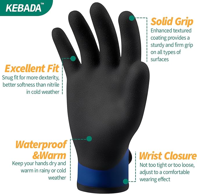 Kebada T2 Waterproof Winter Work Gloves for Men and Women - Thermal Insulated Freezer Gloves for Working in Freezer for Cold Weather, 100% Latex Coating, Wrist Closure, 1 Pair, Blue, Large