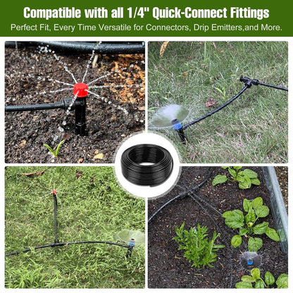 100FT 1/4 Inch Drip Irrigation Tubing with 10 Pack Push-to-Connect 1/4" Tee Connectors, Distribution Drip Line Hose & Universal Tee Fitting, for Drip Irrigation Parts or Drip System and Misting System