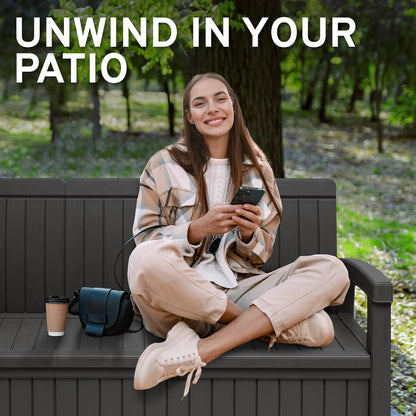 EconoHome 3 Seat Outdoor Storage Bench with Rain Cover - 90 Gallon Capacity - Weatherproof Resin Bench for Patio, Porch, Garden, Yard, Pool Area - Furniture for Pool Accessories, Gardening Tools