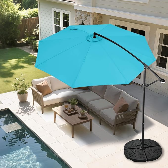 FLAME&SHADE 10ft Cantilever Patio Umbrella Outdoor, Large Offset Umbrella with Crank and Cross Base, UPF 50+ UV Protection Hanging Umbrella for Pool Deck Garden, Aqua Blue