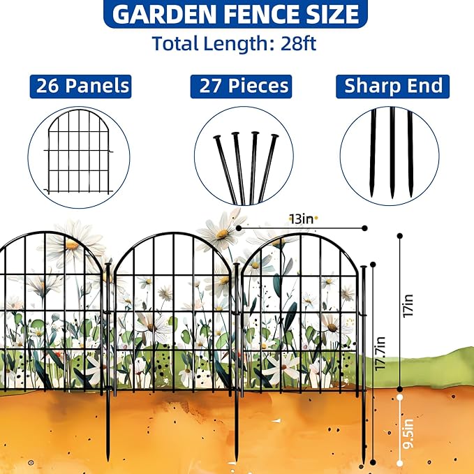 26 Pack Decorative Garden Fence, 17in X 28ft Arched No Dig Fence Border, Garden Edging Border, Rustproof Metal Animal Barrier with Ground Stake for Dog, Rabbit, Outdoor Yard Patio Decor
