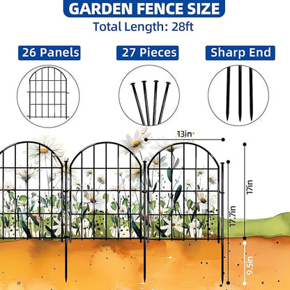 26 Pack Decorative Garden Fence, 17in X 28ft Arched No Dig Fence Border, Garden Edging Border, Rustproof Metal Animal Barrier with Ground Stake for Dog, Rabbit, Outdoor Yard Patio Decor