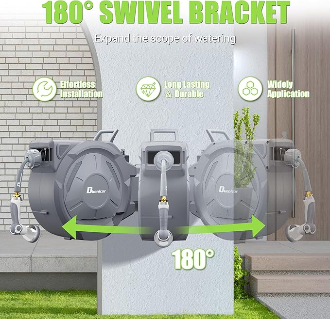 5/8" x 75 ft Retractable Hose Reel, Heavy Duty Retractable Garden Hose Reel Wall Mounted with 10-Pattern Hose Nozzle/Any Length Lock/Slow Return System/180°Swivel Bracket