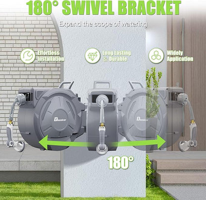 5/8" x 75 ft Retractable Hose Reel, Heavy Duty Retractable Garden Hose Reel Wall Mounted with 10-Pattern Hose Nozzle/Any Length Lock/Slow Return System/180°Swivel Bracket