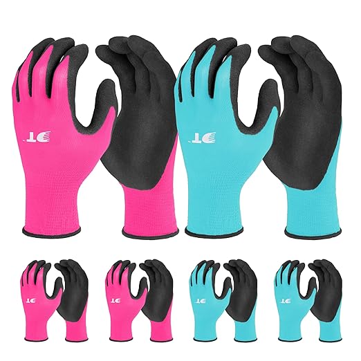 DT 6 Pairs Garden Gloves, Work Gloves with Latex Coating, Pink & Blue, Large, for Gardening, Yard Work