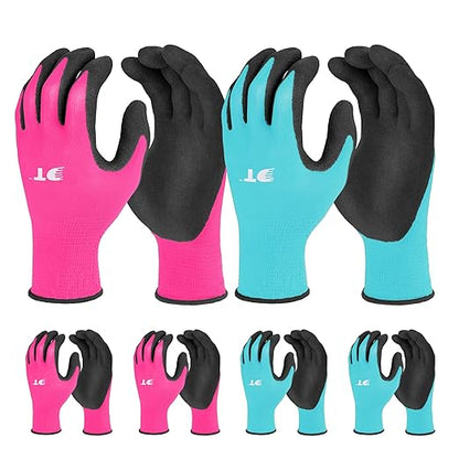 DT 6 Pairs Garden Gloves, Work Gloves with Latex Coating, Pink & Blue, Medium, for Gardening, Yard Work