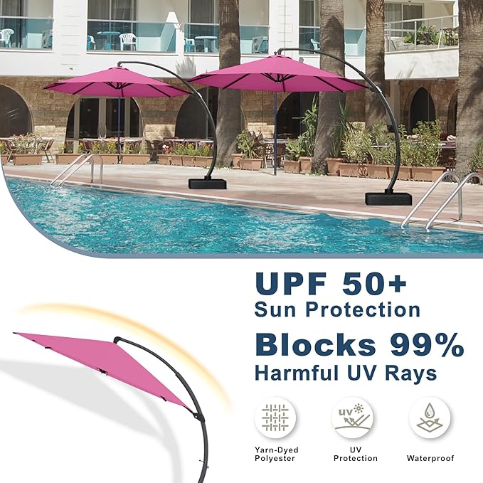 11FT Cantilever Umbrella with Base Large Curvy Outdoor Aluminum Offset Umbrella w/ 360° Rotation, UV Resistant Canopy for Patio, Garden, Backyard, Rose Pink