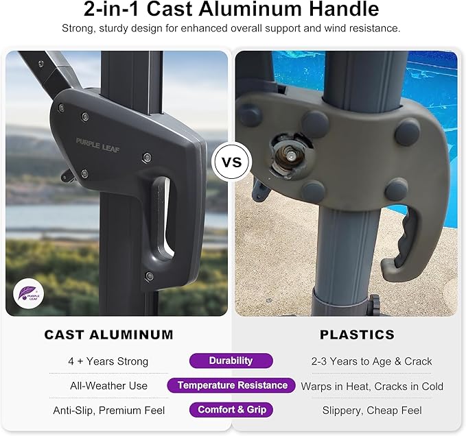 PURPLE LEAF 10 FT Cantilever Patio Umbrella with Base Outdoor Aluminum Offset Square Umbrella with 3 Years Fade Resistance Recycled Fabric and 360-degree Rotation for Deck Pool Gard, Mist Grey