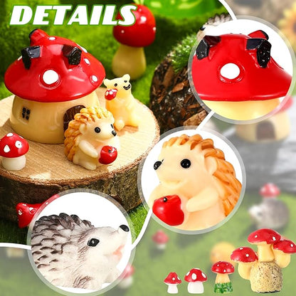Woanger 30 Pcs Fairy Outdoor Garden Accessories Resin Mini Hedgehog Mushroom Miniature Figurines Garden Tiny Animals Figurines for House Terrarium Plant Bonsai Craft Decor(Cute)