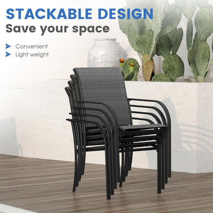 VICLLAX 7 Pieces Patio Dining Set for 6, Outdoor Furniture Set Includes 59" Rectangle Outdoor Table and 6 Stackable Patio Sling Chairs, Black Tabletop and Grey Fabric