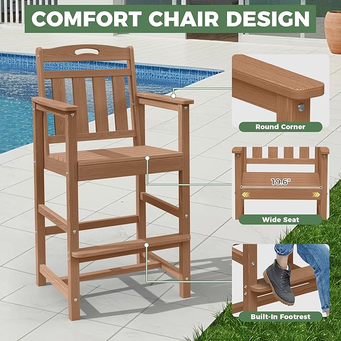 HDPE Outdoor Patio Bar Set with Bar Height Table and 2 Adirondack Chairs, All-Weather High Top Outside Round Pub Furniture for Bistro, Garden, Backyard, Deck | 3-Pieces, Teak