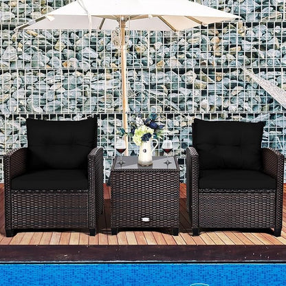 RELAX4LIFE 3 Piece Patio Furniture Set, Wicker Bistro Conversation Set w/ 2 Cushioned Armchairs & Glass Topped Table, Outdoor Rattan Sofa Set Patio Furniture for Porch Balcony Poolside (Black)