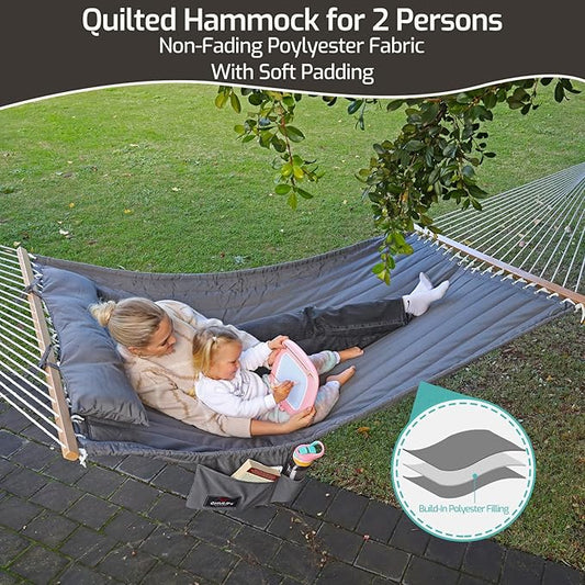 Double Quilted Fabric Hammock with Hardwood Spreader Bars and Pillow 450 LBS Capacity 2 Person Large Hammock for Outdoor Patio Backyard Poolside - Green