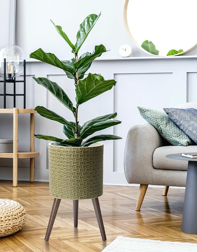 D'vine Dev 12 Inch Modern Geometric Tile Patterned Sleek Planter Pot with Stand, Indoor Outdoor Decorative Plant Holder, Distressed Olive, 88-Z-C-4